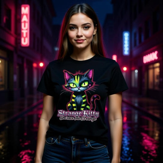 Strange kitty - Heavyweight Unisex Crewneck T-shirt | Gildan® 5000 Black